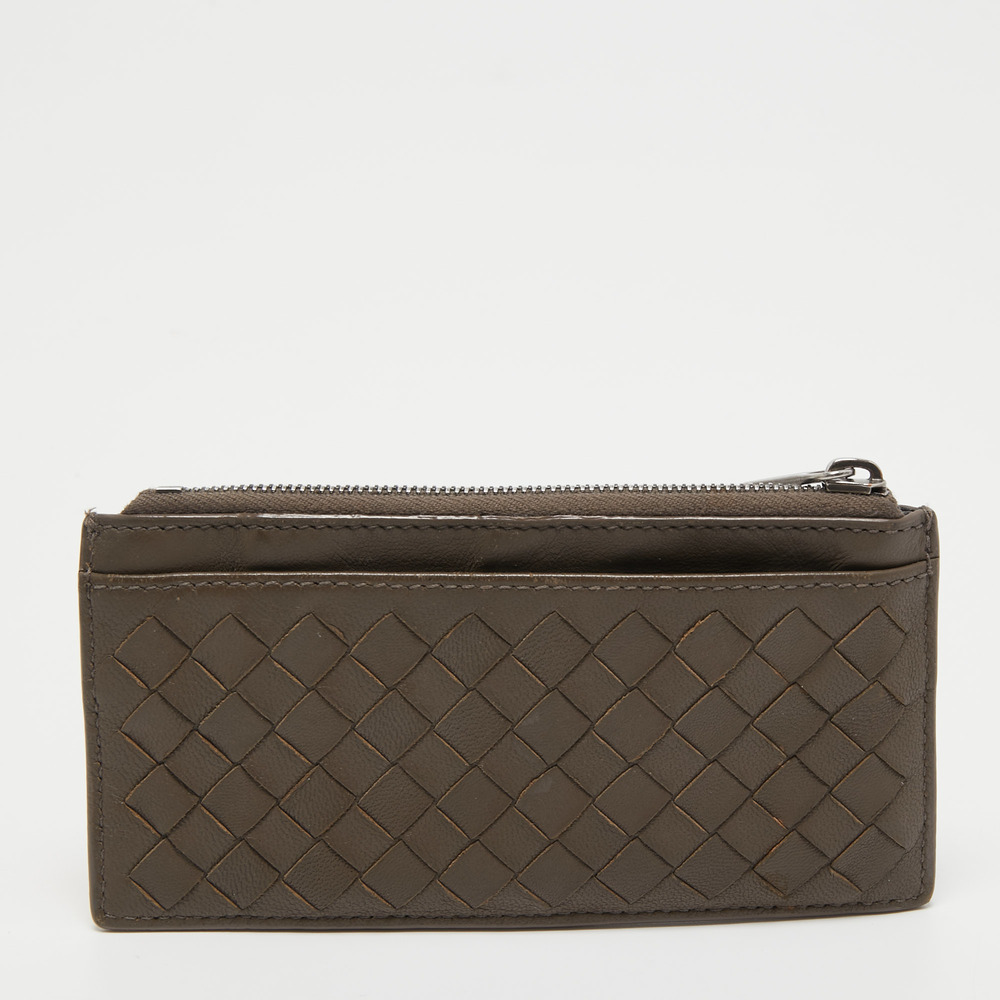 BOTTEGA VENETA Brown/Yellow Intrecciato Leather Zip Card Holder - Picture 4 of 8